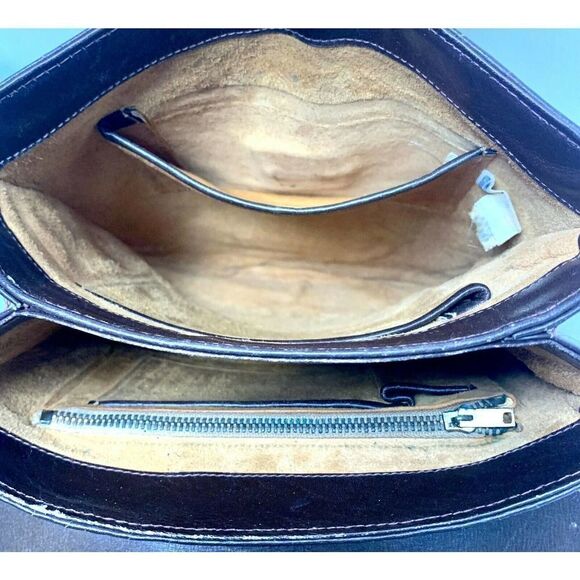 VINTAGE BROWN GENUINE LEATHER TURN LOCK FLAP TOP HANDLE HANDBAG PURSE - Picture 9 of 9